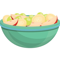 Refreshing Fruit Salad in a Teal Bowl with Sliced Apples Bananas and Grapes Against a Transparent Background