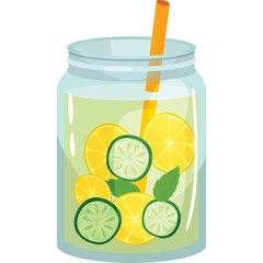 Refreshing Glass Jar Drink With Sliced Citrus Fruits and Cucumber And Orange Straw Healthy Beverage