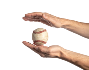 Two hands tossing a baseball in the air against white background