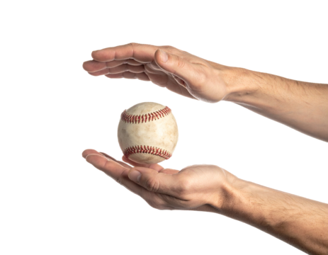 Two hands tossing a baseball in the air against white background