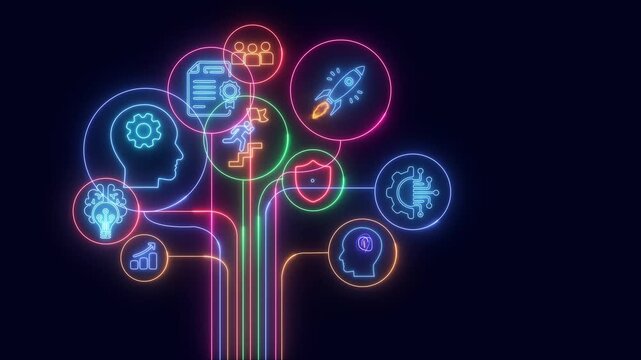  business shows glowing neon line banner of LIGHT concept with icons of responsibility, customers, integrity, goals, teamwork, commitment and innovation isolated on transparent background.