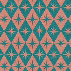 Mid Century Retro Starbursts on soft coral and teal diamond shapes seamless pattern. For home décor, wallpaper and retro posters.