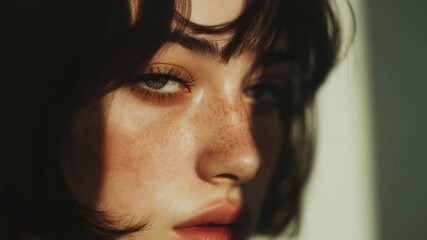 A captivating close up of a woman with striking green eyes, delicate freckles, and natural makeup. The soft sunlight and shadows highlight her youthful, artistic appearance