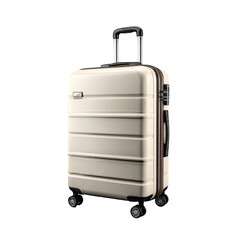 Cream hard-shell carry-on suitcase with four wheels, retractable handle, and subtle brown accents
