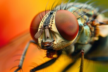 Extreme close up of a housefly revealing intricate details of its large red eyes, proboscis, and hairy body