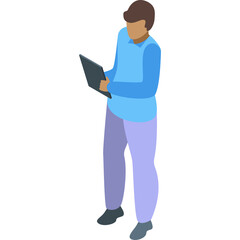 Pixelated Isometric Illustration of a Person Holding a Tablet Computer Wearing a Blue Sweater and Purple Pants on a White Background