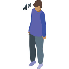 Pixelated isometric illustration of a person wearing a purple long-sleeved shirt and grey pants with a muted sound icon above their head isolated on a white background