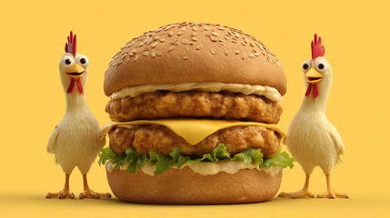 Two Cartoon Chickens Standing Next to a Large Double Chicken Burger on a Yellow Background