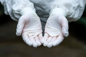 Close up of a doctor's hands in protective gloves and mask.