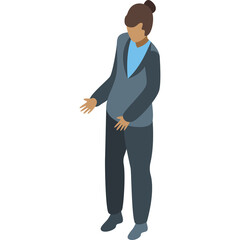 Pixelated Isometric Woman in Business Suit Gesturing with Open Hands on Transparent Background
