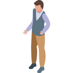 Pixelated Man In Vest And Khaki Pants Holds Small Object In Hand Against White Background With Isometric Perspective
