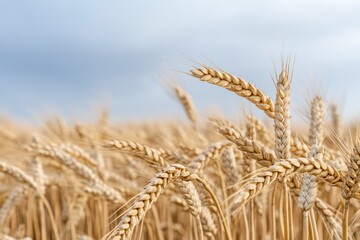 Fototapeta premium Ears of golden wheat on a background of blue sky with clouds