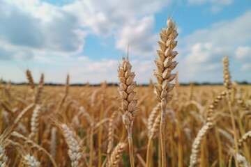 Fototapeta premium Ears of golden wheat on a background of blue sky with clouds