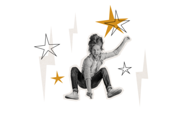 Composite photo collage of excited wild happy man jump rock concert fan crazy party rock roll event isolated on painted background