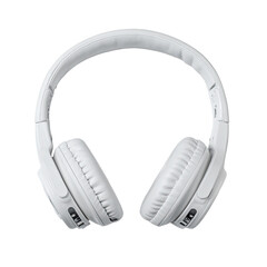 Pair of sleek, white over-ear headphones with foldable design, showcasing textured earcups and headband