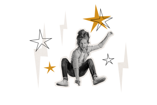 Composite photo collage of excited wild happy man jump rock concert fan crazy party rock roll event isolated on painted background - Powered by Adobe