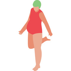 Pregnant Woman In Red Swimsuit With Green Hair Standing On One Leg Against White Background Minimalist Flat Design Illustration 50-30 Aspect Ratio.