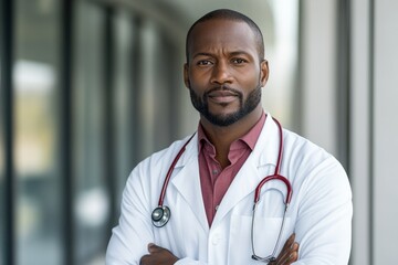 Portrait of confident african american male doctor standing with arms crossed