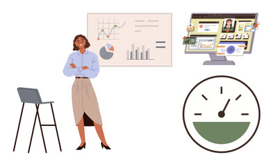 Confident woman standing near a chair with a chart panel, online dashboard, and performance gauge. Ideal for data analysis, business growth, leadership, planning, presentation, strategy simple flat