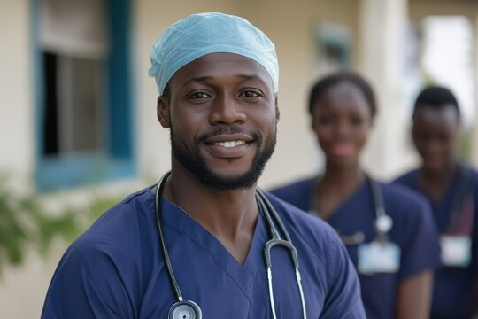 Portrait of smiling african american male surgeon standing in hospital - Powered by Adobe