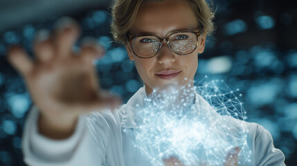 Scientist interacts with glowing digital network data projection