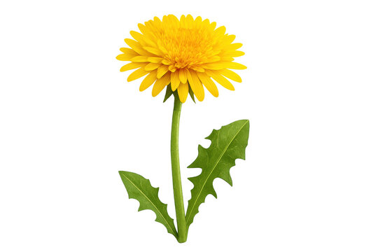 Yellow dandelion flower blooming, showing vibrant petals and green leaves, isolated on transparent background