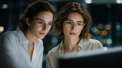 Two focused women collaborating intensely on a computer screen