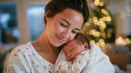 Loving mother cradles sleeping newborn baby with gentle tender embrace