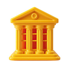 A small, golden-yellow plastic model of a classical temple with six columns, a pediment, and a simple rectangular structure