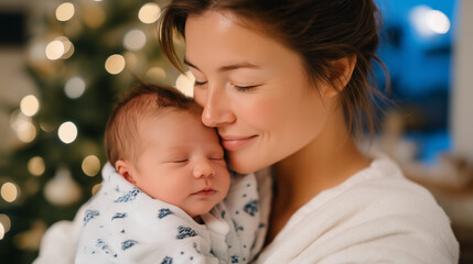 Tender moment mother embraces sleeping newborn baby close