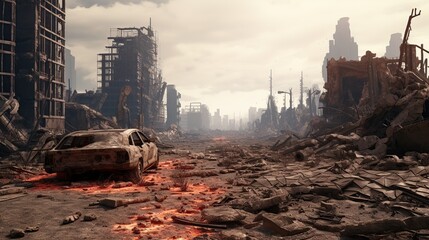 Fototapeta premium Post-Apocalyptic Cityscape With Destroyed Buildings And Abandoned Vehicles Under A Hazy Sky
