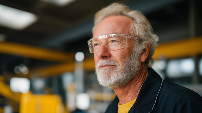 Experienced craftsman with safety glasses looks ahead thoughtfully