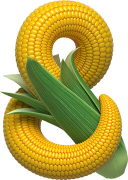 Ampersand Symbol Made of Corn Cob with Leaf-shaped Wrappers &ndash; Creative Food Typography Concept. 3D isolated illustration