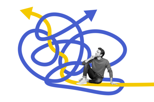 Composite photo collage of minded businessman think decision two arrow pointer direction concept promotion isolated on painted background