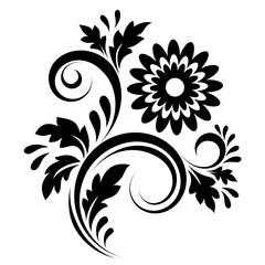 Simple black and white ornament with a single flower, swirls, and leaves on a white isolated background, Abstract floral pattern silhouette for design.