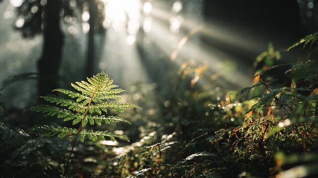 Sunlit Forest: A captivating scene where sunlight filters through the forest canopy, illuminating the details of ferns and the natural landscape, creating a sense of wonder.