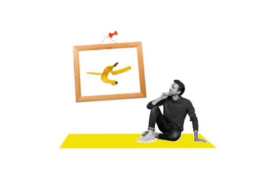 Composite photo collage of happy man designer watch art gallery banana peel art picture exotic fruit isolated on painted background