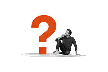 Composite creative art collage of serious man think theory solution question mark ponder brainstorm...