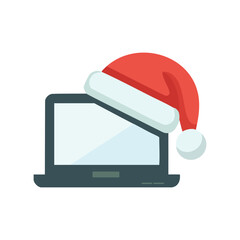 Minimal Santa hat on a laptop screen icon, flat vector, modern Christmas remote work concept. Design layer should be clean and smooth.