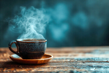 Fototapeta premium A cup of hot drink on a wooden surface. Steam is coming from the cup.