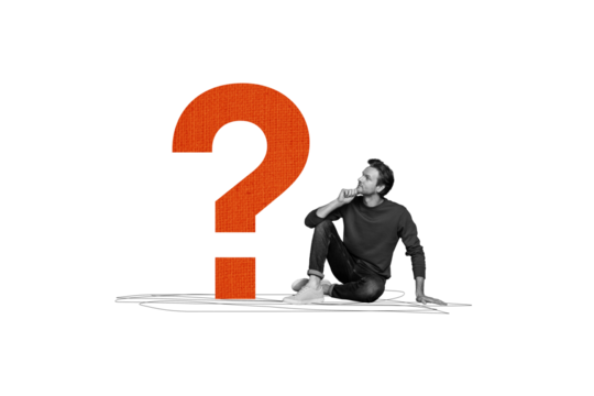 Composite creative art collage of serious man think theory solution question mark ponder brainstorm isolated on painted background