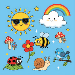 Fototapeta premium Whimsical Spring Nature Cartoon Elements Collection
