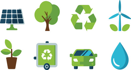 Sustainable energy icons, eco-friendly transport, nature, and recycling symbols for a green future