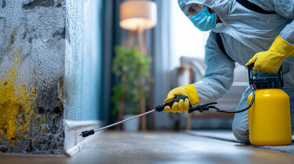 A man wearing a protective suit and a mask is using a special sprayer to treat a mold-covered wall. The worker is focused and leaning over the surface to apply the product effectively.