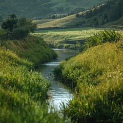 Naklejka premium Serene Flowing Stream Through Lush Green Countryside Valley on a Sunny Day