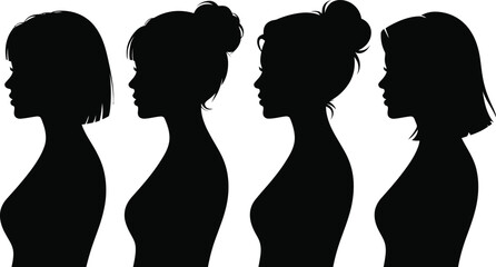 Diverse female silhouettes showcase varied hairstyles and profiles, perfect for beauty and fashion concepts.