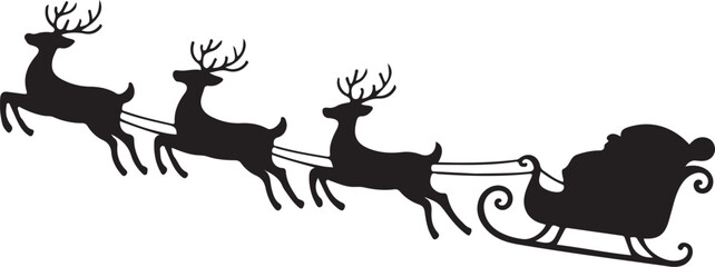 Santa Claus in Sleigh with Reindeer Silhouette Flying Across the Moon and Stars