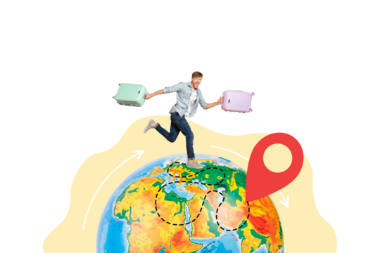 Composite photo collage of happy guy hold suitcase run earth globe planet arrow navigation icon route trip isolated on painted background