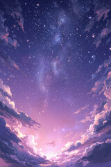 Fototapeta premium Cinematic anime-style night sky filled with glowing stars and faint clouds, pastel purple and silver hues merging softly, dreamy atmosphere symbolizing wonder, imagination, and emotional