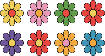 Vibrant retro daisy flowers in a rainbow of cheerful colors, perfect for joyful designs.